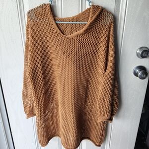 Shein Camel Open-Knit Hooded Sweater